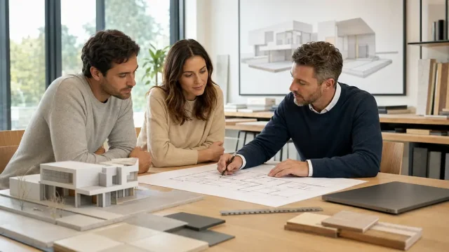 Mimarlık hizmeti öncesinde projeyi müşterileriyle değerlendiren mimar
